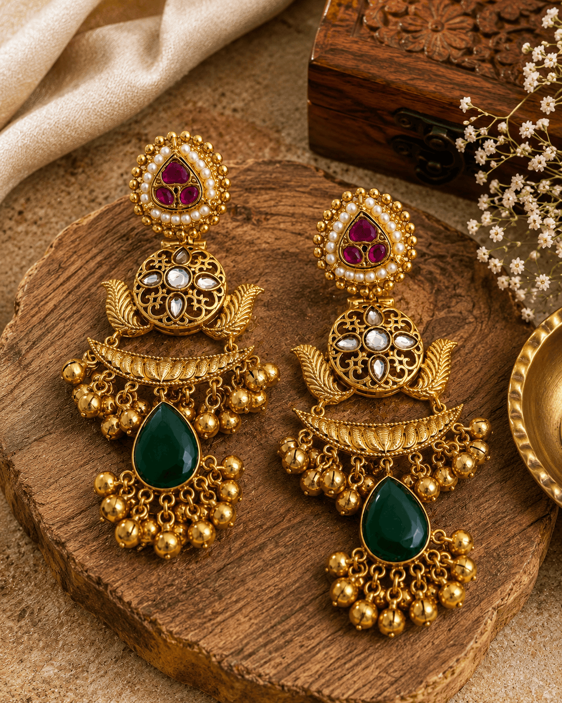Gold kundan pearl-style jhumka earrings with purple and green teardrop stones