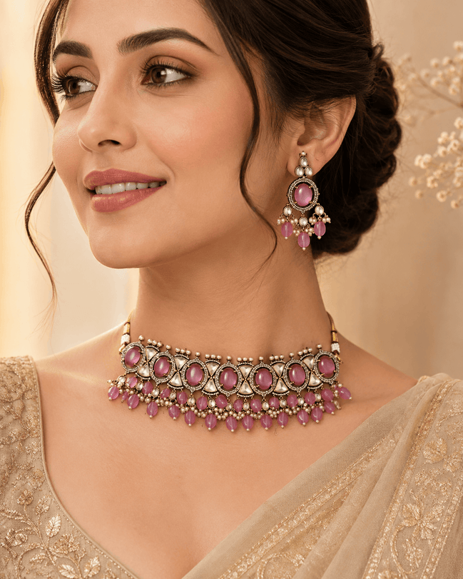 Dusty rose choker necklace set with matching drop earrings, gold-tone beaded fringe