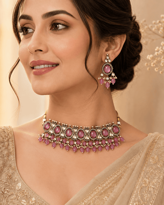 Dusty rose choker necklace set with matching drop earrings, gold-tone beaded fringe