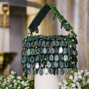 Teal beaded hobo bag with scalloped teardrop bead fringe and top handles