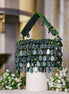 Teal beaded hobo bag with scalloped teardrop bead fringe and top handles