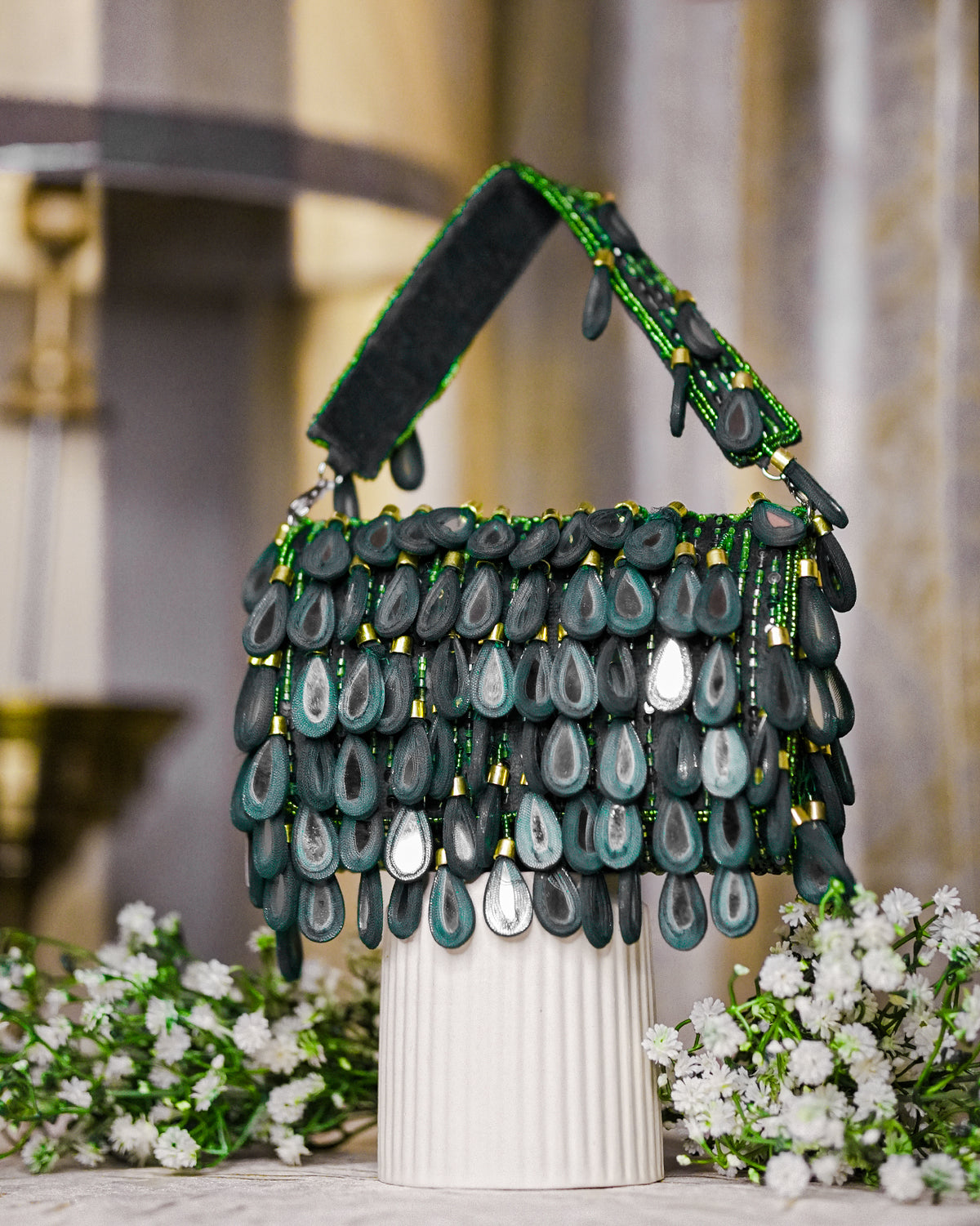 Teal beaded hobo bag with scalloped teardrop bead fringe and top handles