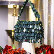 Teal green beaded hobo bag with scalloped teardrop bead fringe and top handles