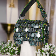 Teal green beaded hobo bag with teardrop bead fringe and short top handles