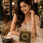Peacock medallion clutch with gold trim, green fabric, and delicate chain