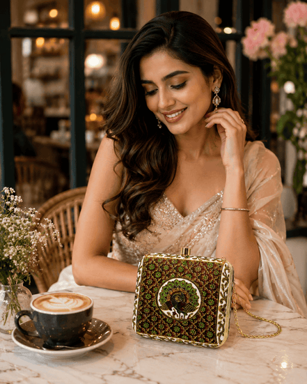 Peacock medallion clutch with gold trim, green fabric, and delicate chain