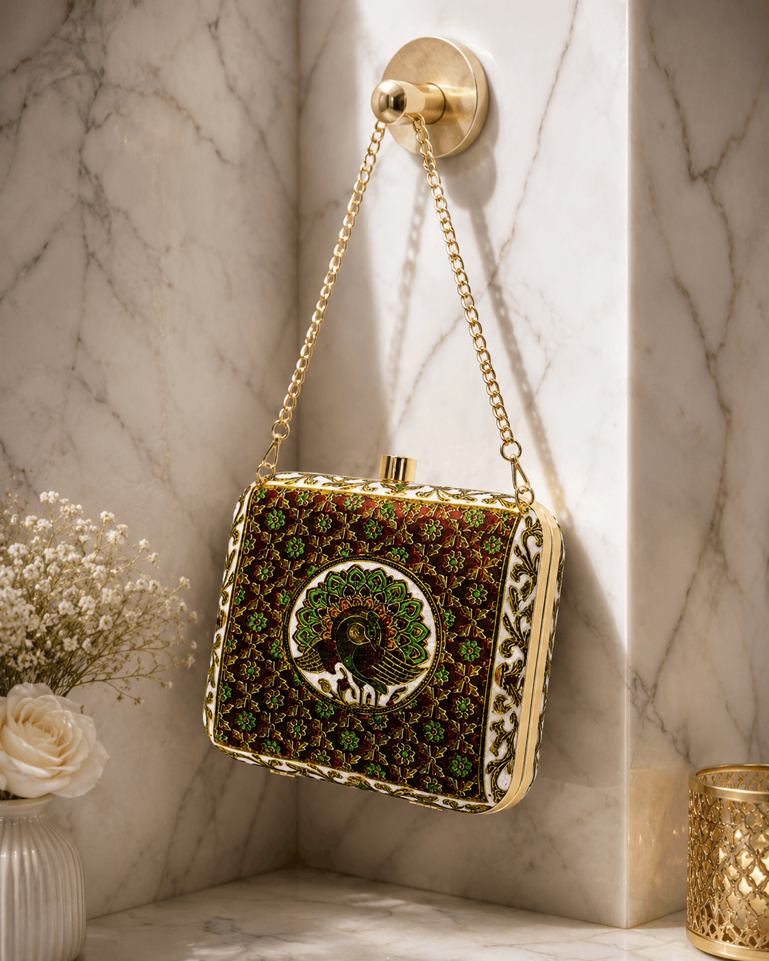 Embroidered clutch bag with chain handle and hinged clasp, dark green and gold