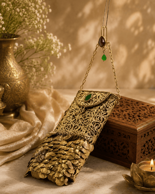 Gold filigree mobile clutch with chain strap, jeweled green and purple accents, coin tassel base