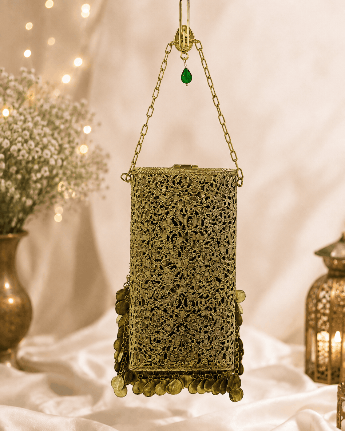 Gold filigree mobile clutch with chain handle and green jeweled center, hanging coin fringe
