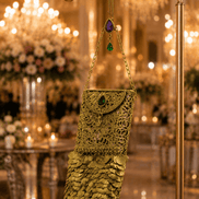 Gold filigree mobile clutch with long chain strap and purple-green jeweled drop clasp