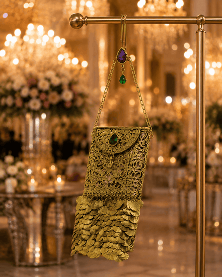 Gold filigree mobile clutch with long chain strap and purple-green jeweled drop clasp