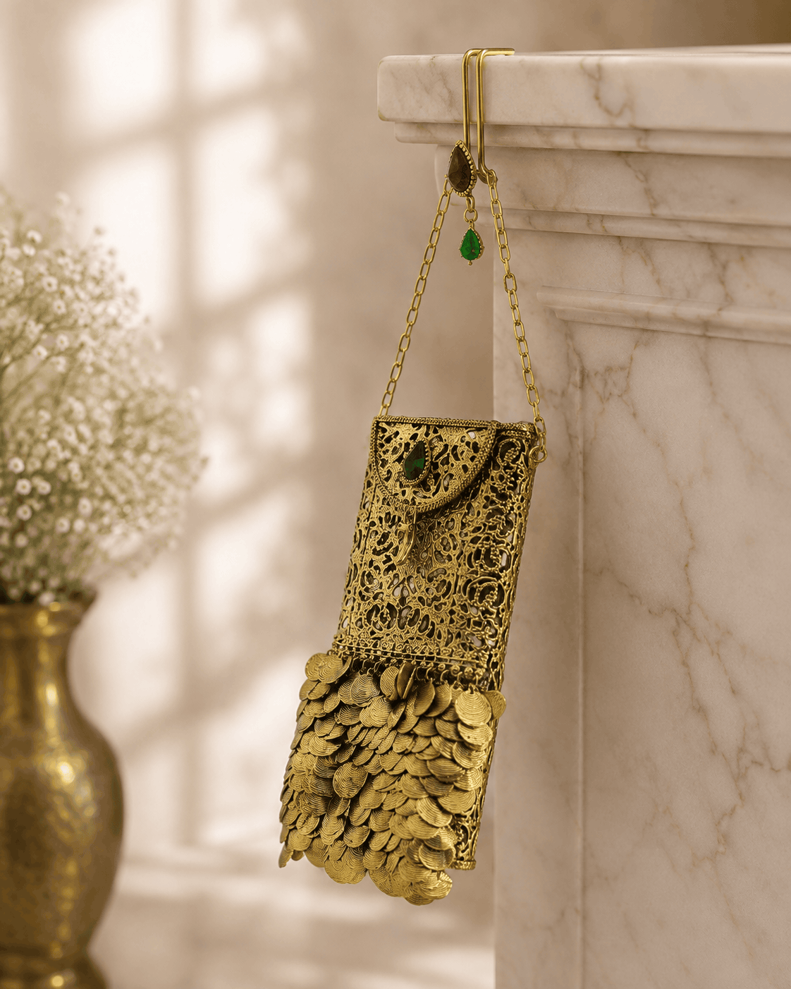 Gold filigree mobile clutch hanging on chain strap with green and purple jeweled accents