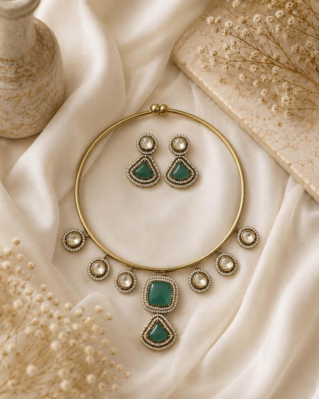 Gold-tone necklace and green teardrop earrings set with round crystal details