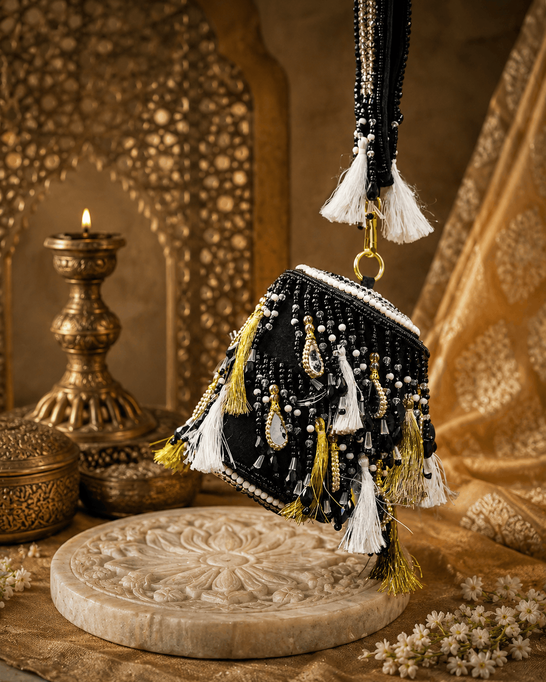Black beaded potli bag with tassel fringe and gold-tone ring handle