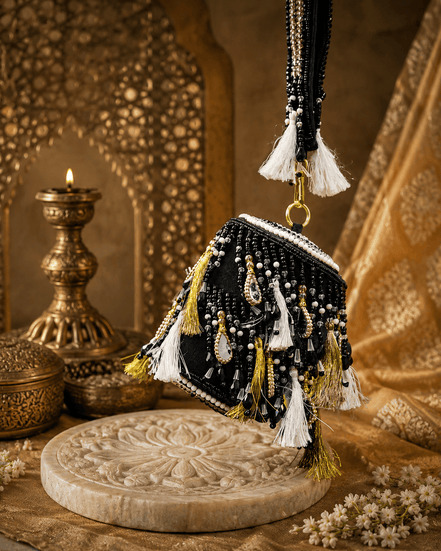 Black beaded potli bag with tassel fringe and gold-tone ring handle