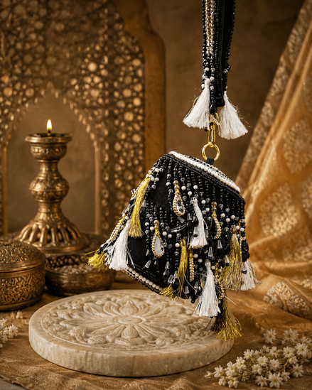 Black beaded potli bag with tassel fringe and gold-tone ring handle