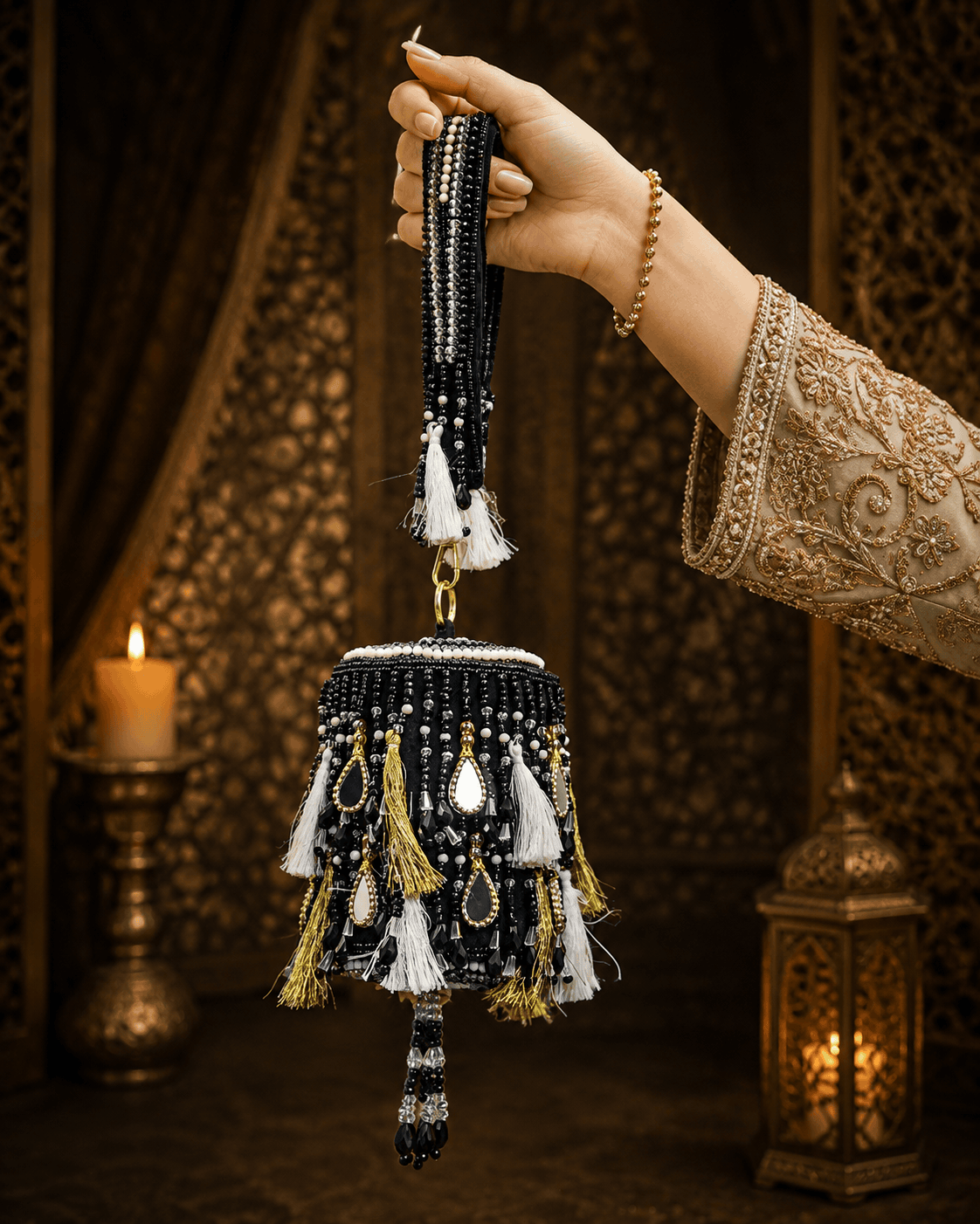 Black beaded potli bag with long tassel cords and gold-tone chain