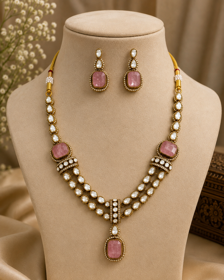 Gold kundan necklace set with pink oval pendants, layered pearl chain, and stud earrings