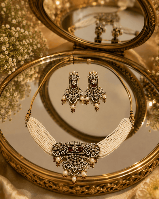 Ruby red enamel necklace with braided tassel and matching chandelier earrings, gold-tone