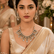 Gold-tone necklace set with white teardrop gemstones and matching drop earrings