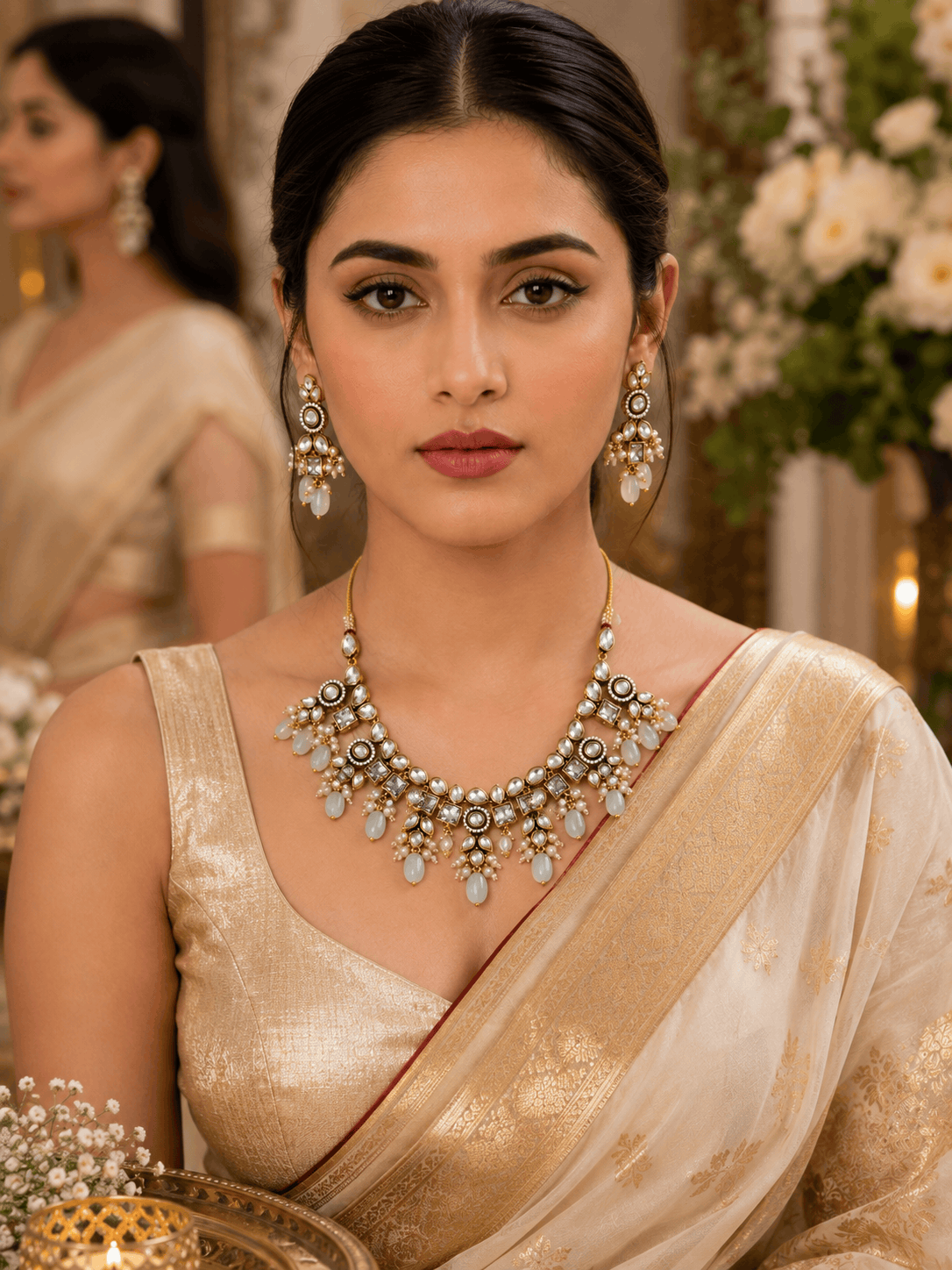 Gold-tone necklace set with white teardrop gemstones and matching drop earrings