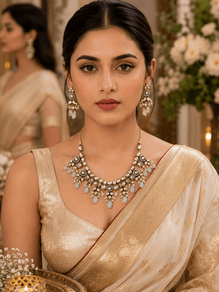 Gold-tone necklace set with white teardrop gemstones and matching drop earrings
