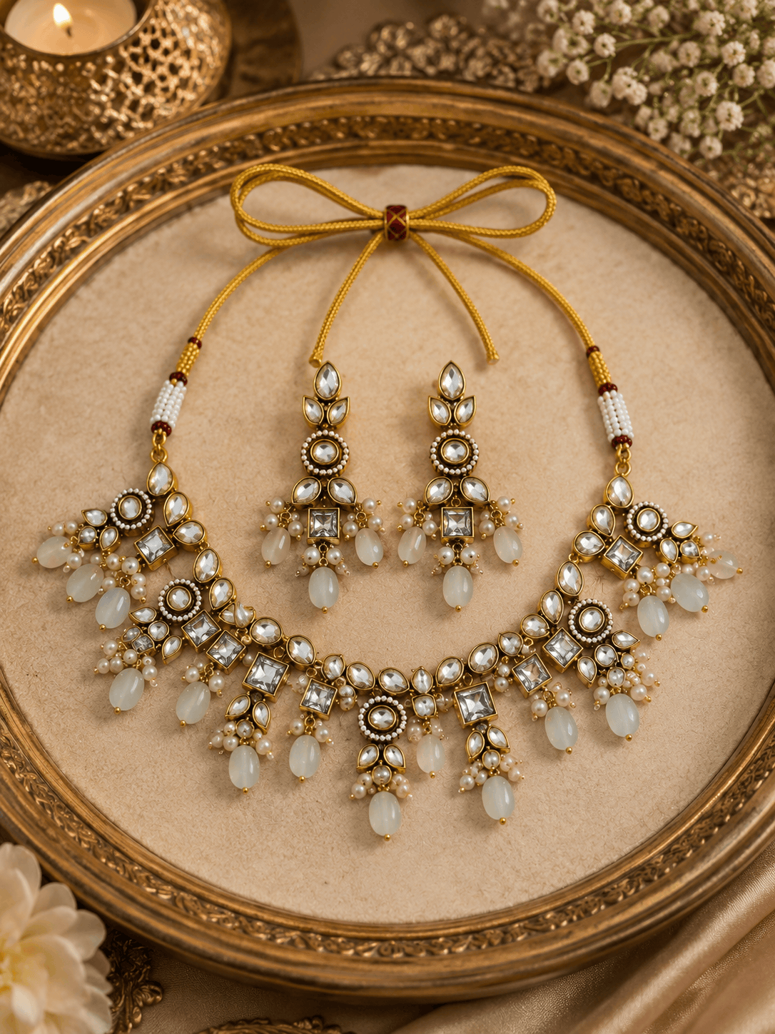 Gold-tone necklace set with white teardrop stones and matching chandelier earrings