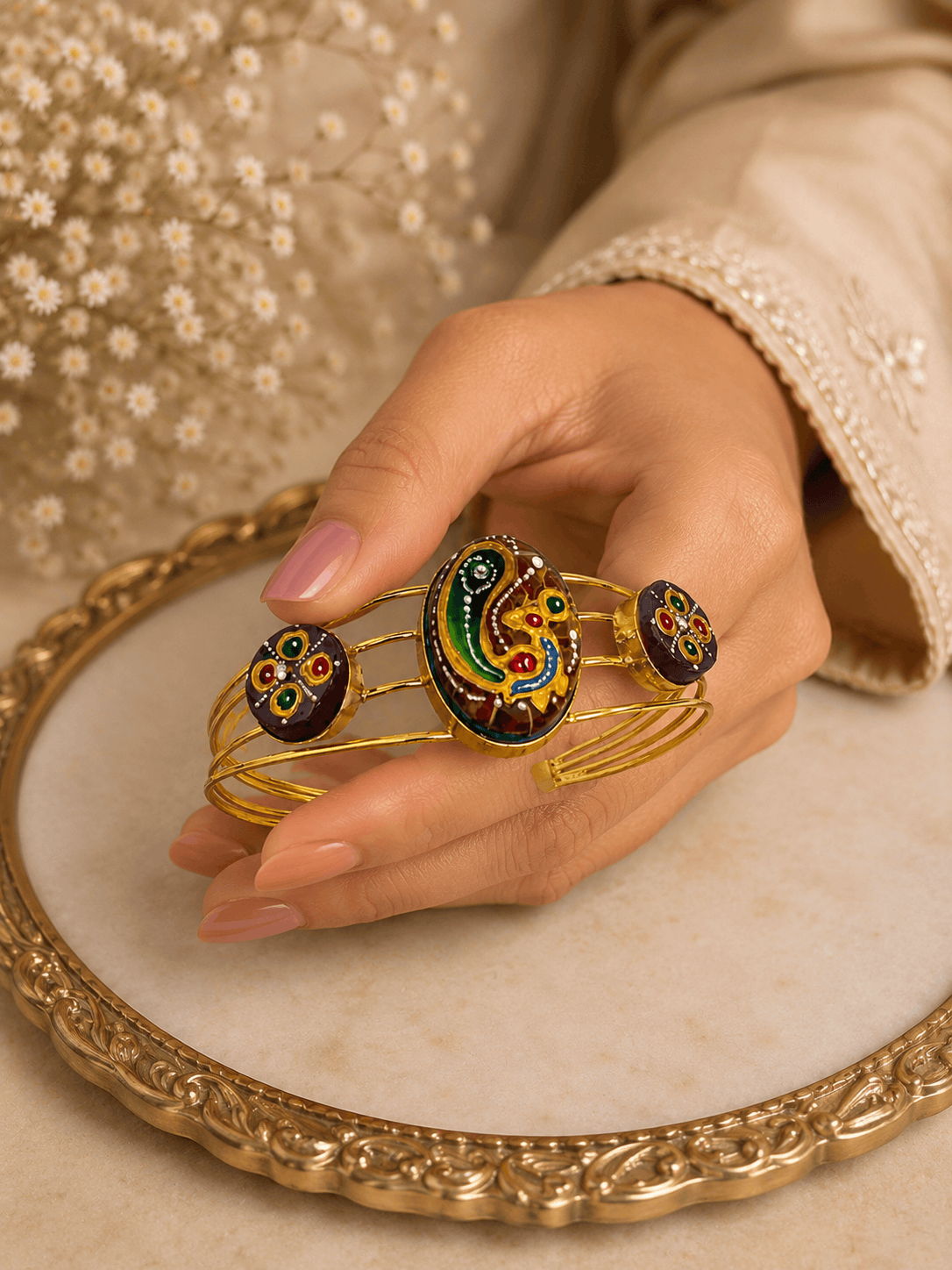 Mira Royal cuff bracelet with gold-tone bangle and multicolor oval enamel center