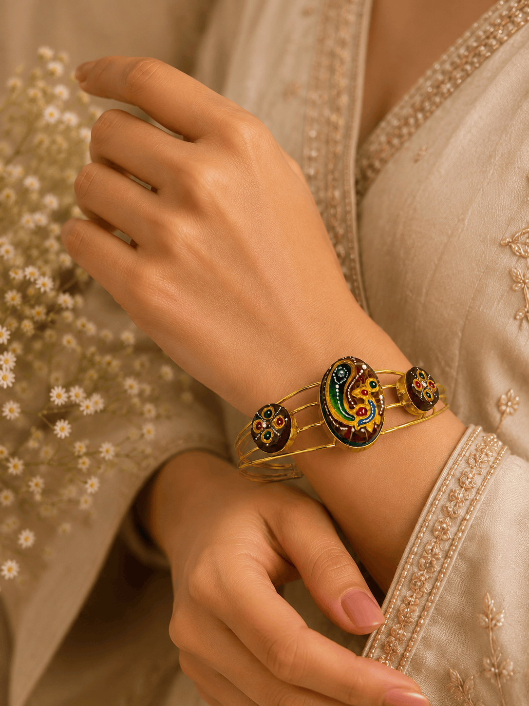 Gold-tone cuff bracelet with multicolor round and oval enamel detailing on wrist