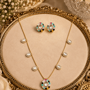 Gold-tone necklace set with turquoise and multicolor center pendant and oval stud earrings