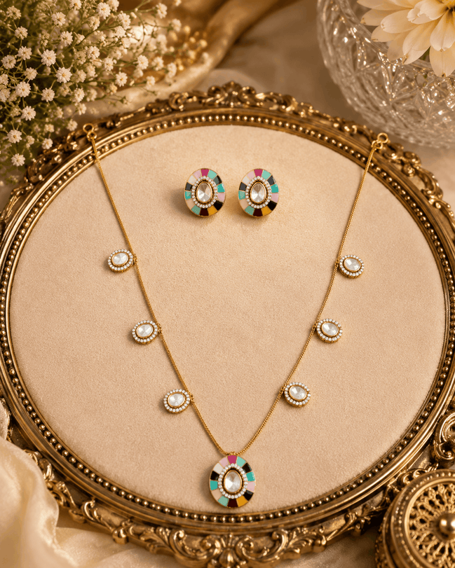 Gold-tone necklace set with turquoise and multicolor center pendant and oval stud earrings