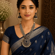 Navy blue beaded pearl necklace set with ornate pendant and matching dangling earrings