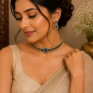Blue stone choker necklace set with matching gold-tone dangling earrings and square center