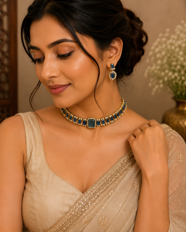 Blue stone choker necklace set with matching gold-tone dangling earrings and square center