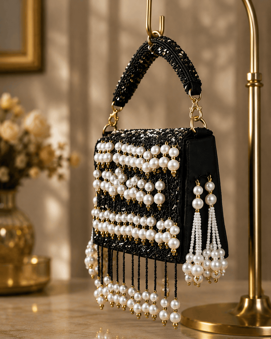 Black pearl shoulder bag with gold clasp, bead stripes, and multiple dangling pearl tassels