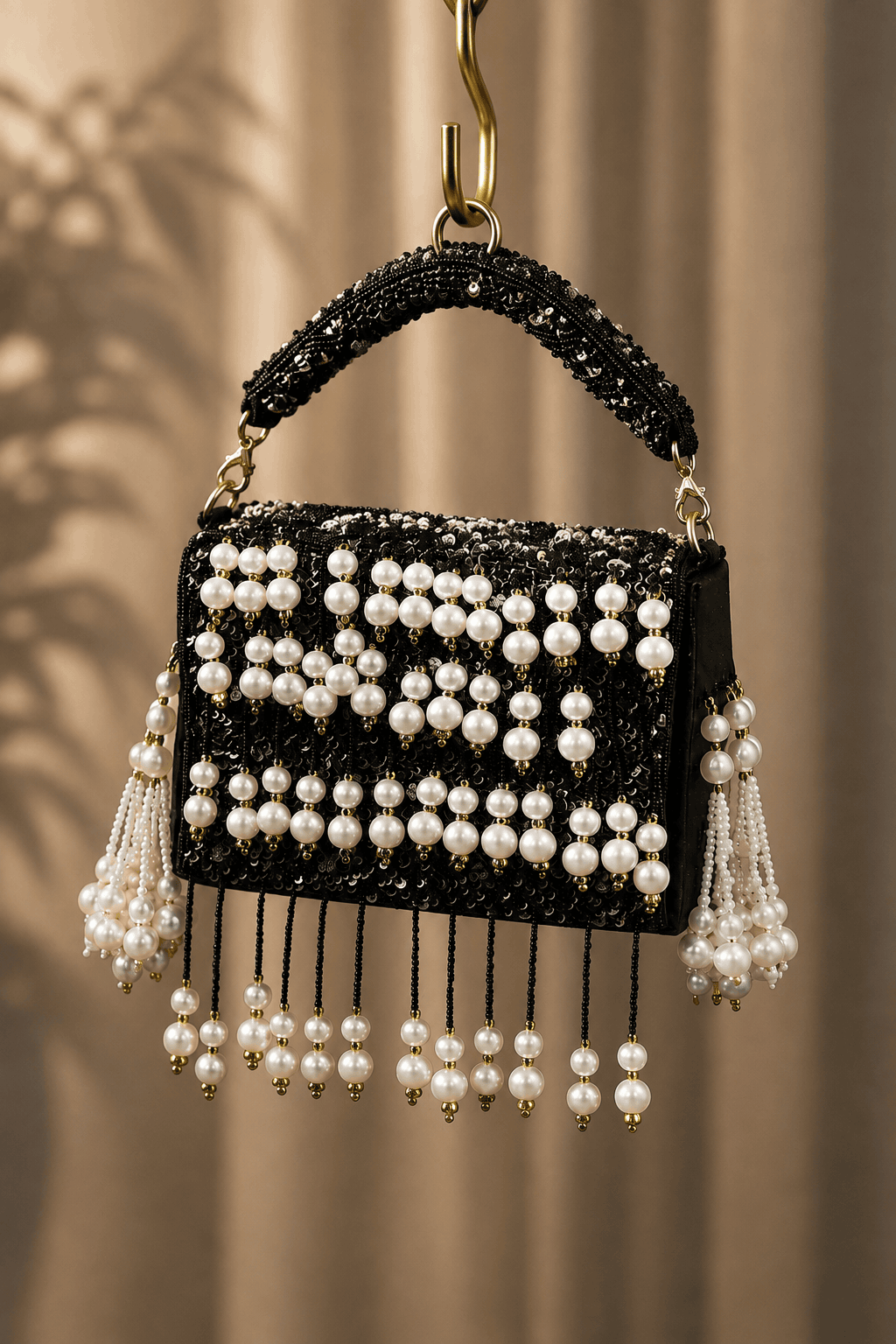 Black pearl shoulder bag with front bead stripes and two hanging tassel strands