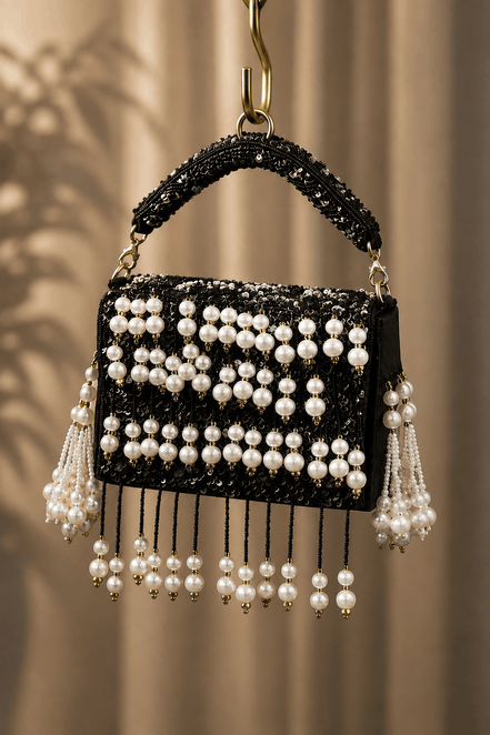 Black pearl shoulder bag with front bead stripes and two hanging tassel strands