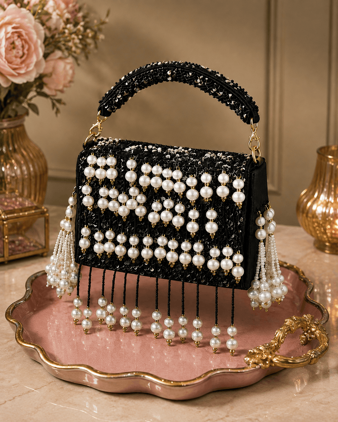 Black beaded pearl shoulder bag with gold chain handles and dangling pearl tassels