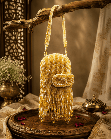 Gold-tone beaded velvet potli clutch with curved clasp flap and long tassel fringe