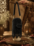 Black beaded velvet potli clutch with wrist strap and rounded flap