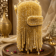Gold-tone beaded velvet potli clutch with flap and chain fringe handle