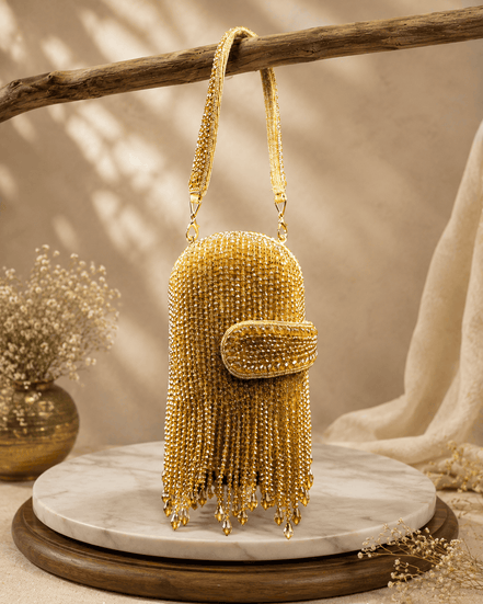 Gold-tone beaded velvet potli clutch with mini flap and long chain straps