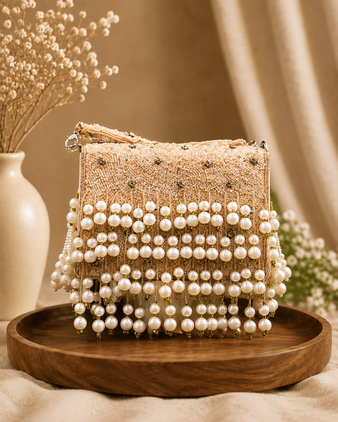 Pink woven pearl shoulder bag with layered bead bands and dangling pearl tassel trim