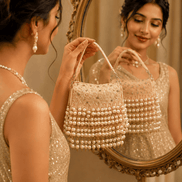 Pink pearl shoulder bag with beaded front rows and short dangling pearl handle tassels