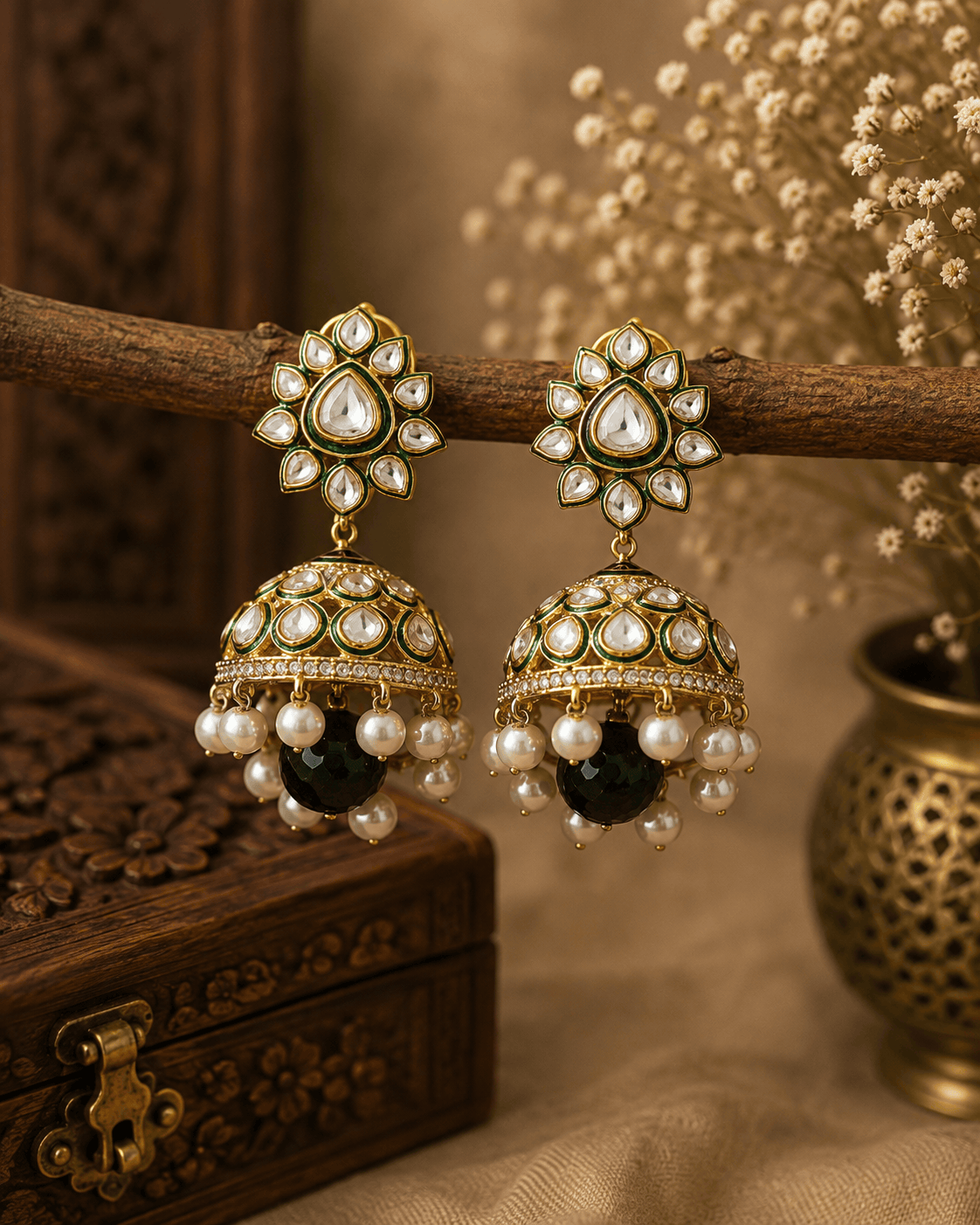 Gold-tone kundan jhumka earrings with green centers, pearl fringe, and blackish drops