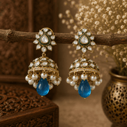 Gold-tone kundan jhumka earrings with green centers, pearl fringe, and blue drops
