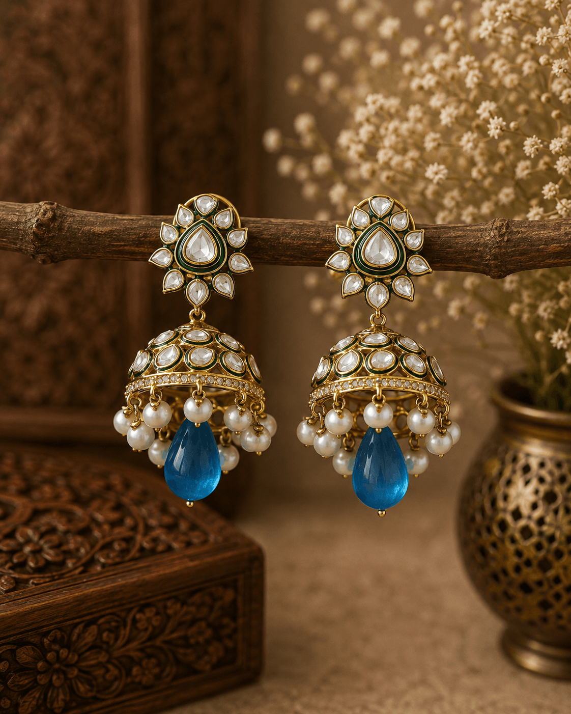 Gold-tone kundan jhumka earrings with green centers, pearl fringe, and blue drops