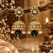 Gold-tone kundan jhumka earrings with green centers, pearl fringe, and dark green drops