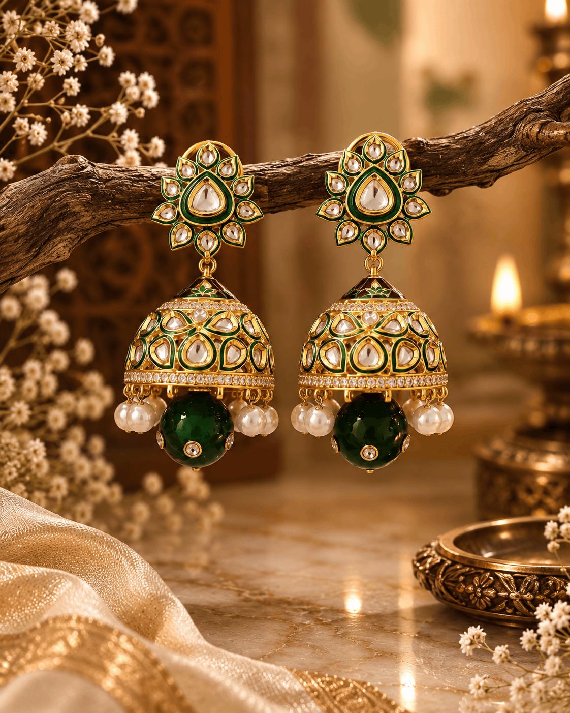 Gold-tone kundan jhumka earrings with green centers, pearl fringe, and dark green drops