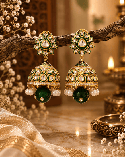 Gold-tone kundan jhumka earrings with green centers, pearl fringe, and dark green drops